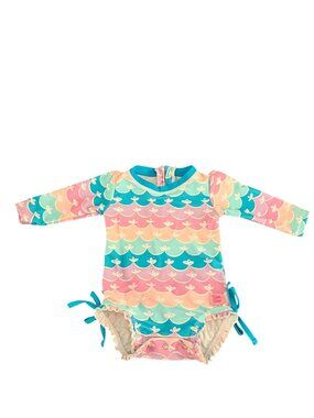 RuffleButts Baby Girl Rash Guard Swimsuit 3-6M Long Sleeve 1 Piece Ruffle Bottom
